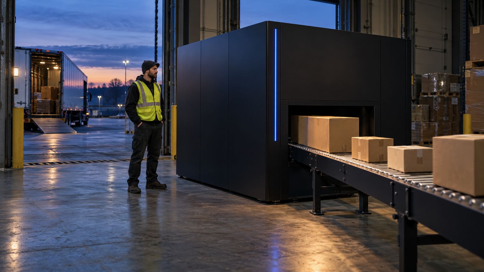 Concept rendering: a person-height TEOVi enclosure beside an open dock door, cartons leaving single-file on a roller conveyor