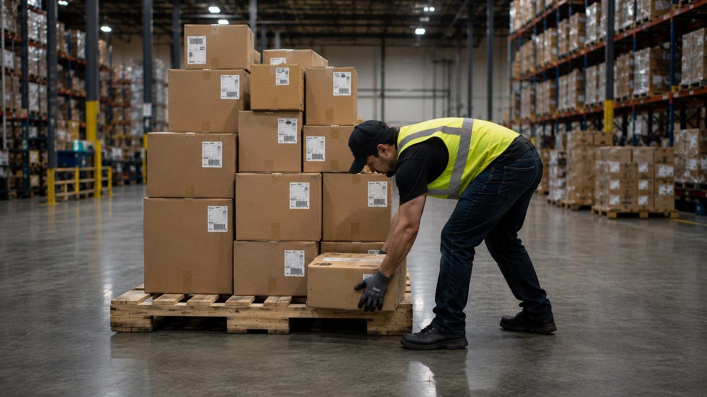 A warehouse worker bent over lifting a box from a pallet, with strain concentrated in the lower back and shoulder